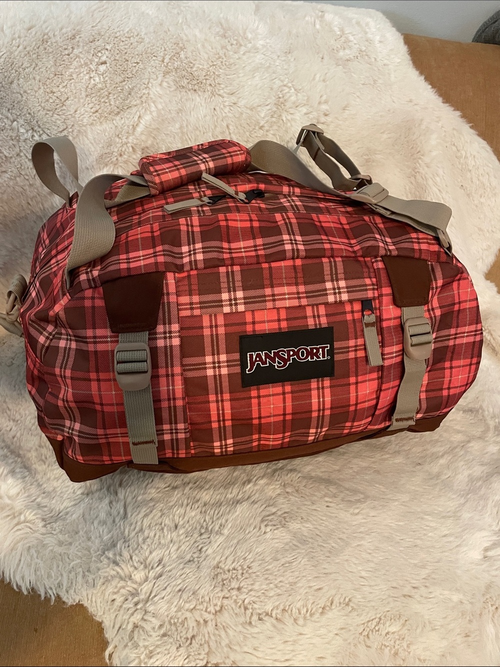 Jansport Coral Plaid Travel/ Gym Duffel with Tan Straps Brown Bottom and Pouch